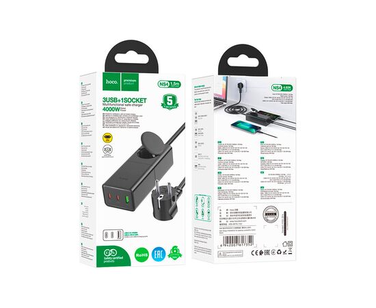 Зарядное устройство HOCO NS4 Sharp desktop socket 2xUSB-C + USB-A PD65W Black (6942007617352), изображение 6