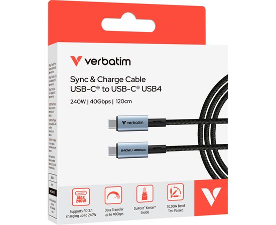 Дата кабель USB-C to USB-C 1.2m 240W black Verbatim (31847), зображення 3 Дата кабель USB-C to USB-C 1.2m 240W black Verbatim (31847), зображення 3