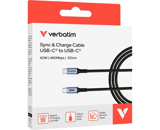 Дата кабель USB-C to USB-C 1.2m 60W black Verbatim (31845), зображення 3 Дата кабель USB-C to USB-C 1.2m 60W black Verbatim (31845), зображення 3