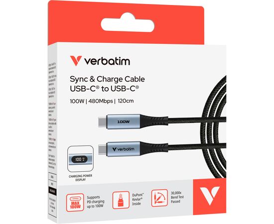 Дата кабель USB-C to USB-C 1.2m with display 100W black Verbatim (31848), зображення 3 Дата кабель USB-C to USB-C 1.2m with display 100W black Verbatim (31848), зображення 3