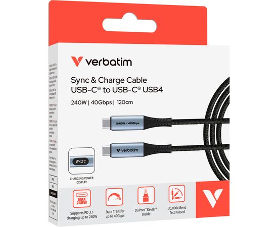 Дата кабель USB-C to USB-C 1.2m with display 240W black Verbatim (31849), зображення 3 Дата кабель USB-C to USB-C 1.2m with display 240W black Verbatim (31849), зображення 3