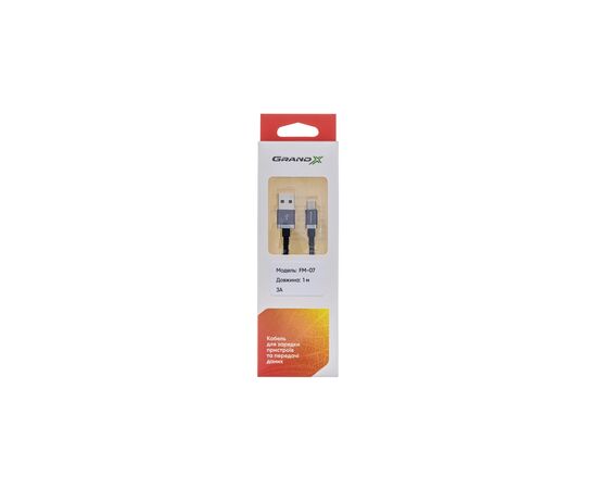 Дата кабель USB 2.0 AM to Micro 5P 1.0m 3A silver black Grand-X (FM07SB), зображення 3 Дата кабель USB 2.0 AM to Micro 5P 1.0m 3A silver black Grand-X (FM07SB), зображення 3