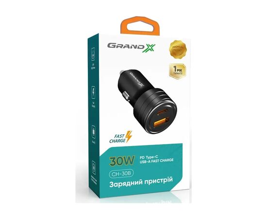 Зарядний пристрій Grand-X CH-30B 30W 1xUSB + 1xUSB-C PD + QC3.0 AFC FCP SCP VOOC Black (CH-30B), зображення 3 Зарядний пристрій Grand-X CH-30B 30W 1xUSB + 1xUSB-C PD + QC3.0 AFC FCP SCP VOOC Black (CH-30B), зображення 3