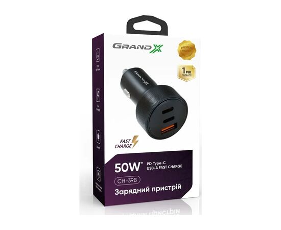 Зарядний пристрій Grand-X CH-39B 50W 1xUSB + 2xUSB-C PD + QC3.0 AFC FCP SCP VOOC Black (CH-39B), зображення 2 Зарядний пристрій Grand-X CH-39B 50W 1xUSB + 2xUSB-C PD + QC3.0 AFC FCP SCP VOOC Black (CH-39B), зображення 2