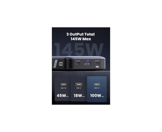 Батарея универсальная Ugreen 25000mAh 145W PD/3.0, QC/3.0, наскр. живл. 65Вт (PB205) (90597A), изображение 4 Батарея универсальная Ugreen 25000mAh 145W PD/3.0, QC/3.0, наскр. живл. 65Вт (PB205) (90597A), изображение 4