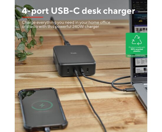 Зарядное устройство Trust Maxo 4xUSB-C PD240W GaN Black (25413_TRUST), изображение 2 Зарядное устройство Trust Maxo 4xUSB-C PD240W GaN Black (25413_TRUST), изображение 2