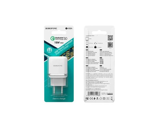 Зарядний пристрій BOROFONE BA36A High Speed USB QC3.0 + cable USB to USB-C 18W White (6931474715975), зображення 3 Зарядний пристрій BOROFONE BA36A High Speed USB QC3.0 + cable USB to USB-C 18W White (6931474715975), зображення 3