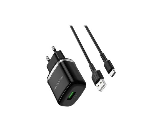 Зарядное устройство BOROFONE BA36A High Speed USB QC3.0 + cable USB to USB-C 18W Black (6931474716002), изображение 2 Зарядное устройство BOROFONE BA36A High Speed USB QC3.0 + cable USB to USB-C 18W Black (6931474716002), изображение 2