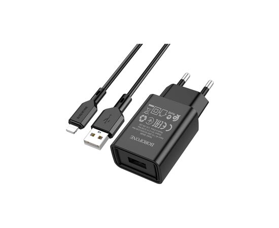Зарядное устройство BOROFONE BA68A Glacier USB + cable USB to Lightning 10.5W Black (6974443385687), изображение 2 Зарядное устройство BOROFONE BA68A Glacier USB + cable USB to Lightning 10.5W Black (6974443385687), изображение 2