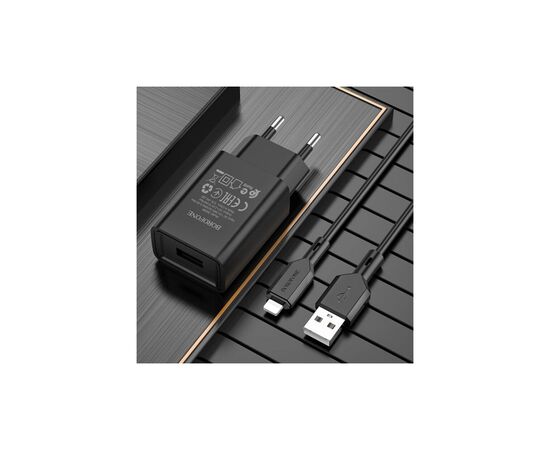 Зарядное устройство BOROFONE BA68A Glacier USB + cable USB to Lightning 10.5W Black (6974443385687), изображение 3 Зарядное устройство BOROFONE BA68A Glacier USB + cable USB to Lightning 10.5W Black (6974443385687), изображение 3