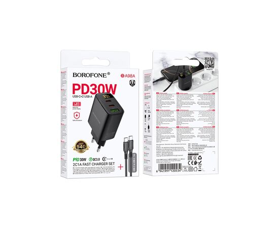 Зарядное устройство BOROFONE BA98A Ilustre 2xUSB-C + 1xUSB-A PD30W digital display + cable USB-C to USB-C Black (6941991120534), изображение 2 Зарядное устройство BOROFONE BA98A Ilustre 2xUSB-C + 1xUSB-A PD30W digital display + cable USB-C to USB-C Black (6941991120534), изображение 2