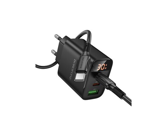 Зарядное устройство BOROFONE BA98A Ilustre 2xUSB-C + 1xUSB-A PD30W digital display + cable USB-C to USB-C Black (6941991120534), изображение 3 Зарядное устройство BOROFONE BA98A Ilustre 2xUSB-C + 1xUSB-A PD30W digital display + cable USB-C to USB-C Black (6941991120534), изображение 3