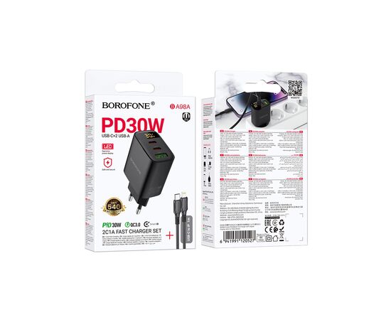 Зарядное устройство BOROFONE BA98A Ilustre 2xUSB-C + 1xUSB-A PD30W digital display + cable USB-C to Lightning Black (6941991120527), изображение 2 Зарядное устройство BOROFONE BA98A Ilustre 2xUSB-C + 1xUSB-A PD30W digital display + cable USB-C to Lightning Black (6941991120527), изображение 2