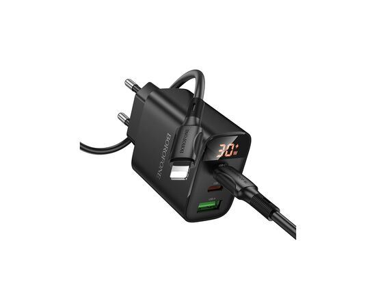 Зарядное устройство BOROFONE BA98A Ilustre 2xUSB-C + 1xUSB-A PD30W digital display + cable USB-C to Lightning Black (6941991120527), изображение 3 Зарядное устройство BOROFONE BA98A Ilustre 2xUSB-C + 1xUSB-A PD30W digital display + cable USB-C to Lightning Black (6941991120527), изображение 3