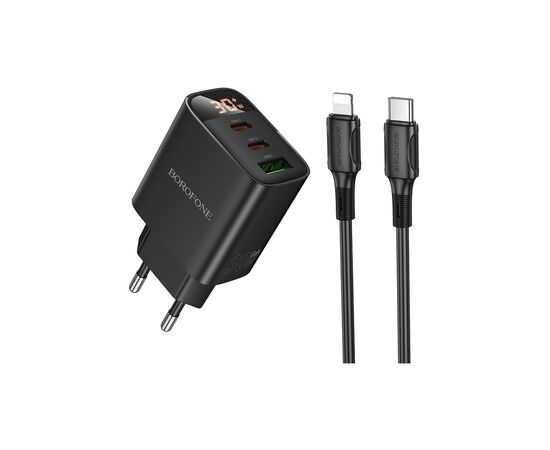 Зарядний пристрій BOROFONE BA98A Ilustre 2xUSB-C + 1xUSB-A PD30W digital display + cable USB-C to Lightning Black (6941991120527)
