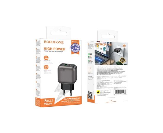 Зарядное устройство BOROFONE BAS55A Absolute 1xUSB-C PD30W + 1xUSB QC3.0 Black (6941991116230), изображение 7 Зарядное устройство BOROFONE BAS55A Absolute 1xUSB-C PD30W + 1xUSB QC3.0 Black (6941991116230), изображение 7