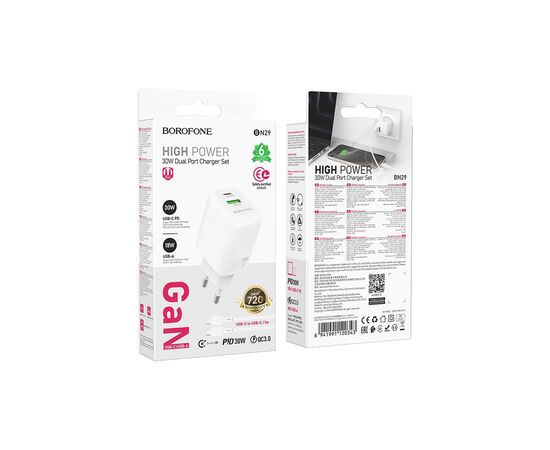 Зарядное устройство BOROFONE BN29 Fuente 1xUSB-C PD30W + 1xUSB QC3.0 White (6941991120329), изображение 2 Зарядное устройство BOROFONE BN29 Fuente 1xUSB-C PD30W + 1xUSB QC3.0 White (6941991120329), изображение 2