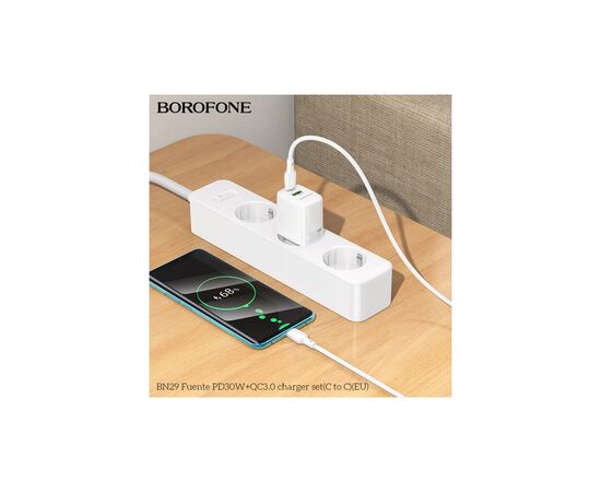 Зарядное устройство BOROFONE BN29 Fuente 1xUSB-C PD30W + 1xUSB QC3.0 White (6941991120329), изображение 8 Зарядное устройство BOROFONE BN29 Fuente 1xUSB-C PD30W + 1xUSB QC3.0 White (6941991120329), изображение 8
