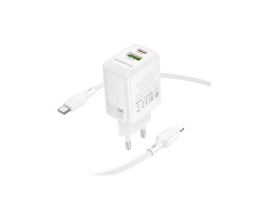 Зарядное устройство BOROFONE BN29 Fuente 1xUSB-C PD30W + 1xUSB QC3.0 + cable USB-C to Lightning White (6941991120336), изображение 2 Зарядное устройство BOROFONE BN29 Fuente 1xUSB-C PD30W + 1xUSB QC3.0 + cable USB-C to Lightning White (6941991120336), изображение 2
