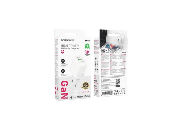 Зарядное устройство BOROFONE BN29 Fuente 1xUSB-C PD30W + 1xUSB QC3.0 + cable USB-C to Lightning White (6941991120336), изображение 7 Зарядное устройство BOROFONE BN29 Fuente 1xUSB-C PD30W + 1xUSB QC3.0 + cable USB-C to Lightning White (6941991120336), изображение 7
