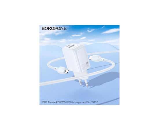 Зарядное устройство BOROFONE BN29 Fuente 1xUSB-C PD30W + 1xUSB QC3.0 + cable USB-C to Lightning White (6941991120336), изображение 8 Зарядное устройство BOROFONE BN29 Fuente 1xUSB-C PD30W + 1xUSB QC3.0 + cable USB-C to Lightning White (6941991120336), изображение 8