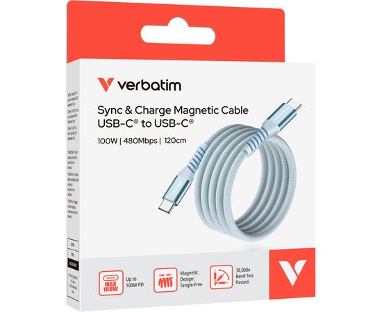 Дата кабель USB-C to USB-C 1.2m Magnetic 100W blue Verbatim (31856), зображення 3 Дата кабель USB-C to USB-C 1.2m Magnetic 100W blue Verbatim (31856), зображення 3