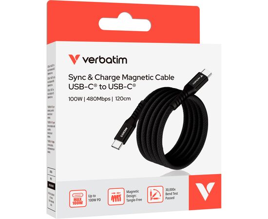 Дата кабель USB-C to USB-C 1.2m Magnetic 100W black Verbatim (31863), зображення 3 Дата кабель USB-C to USB-C 1.2m Magnetic 100W black Verbatim (31863), зображення 3