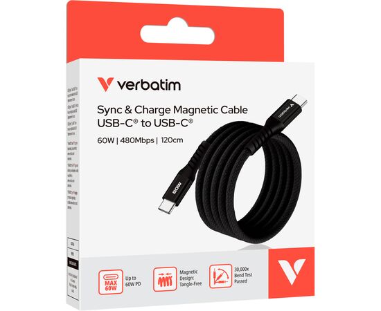 Дата кабель USB-C to USB-C 1.2m Magnetic 60W black Verbatim (31859), зображення 3 Дата кабель USB-C to USB-C 1.2m Magnetic 60W black Verbatim (31859), зображення 3