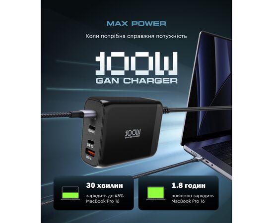 Зарядное устройство Armorstandart ARP-131 Resolute Power USB-C 100W GaN Black (ARM70024), изображение 2 Зарядное устройство Armorstandart ARP-131 Resolute Power USB-C 100W GaN Black (ARM70024), изображение 2