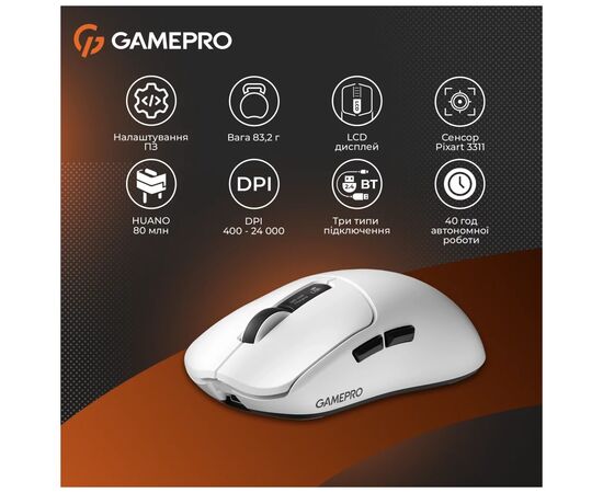 Мишка GamePro Genesis Ranker Wireless/Bluetooth/USB White (GM012W), зображення 12 Мишка GamePro Genesis Ranker Wireless/Bluetooth/USB White (GM012W), зображення 12