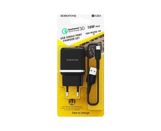 Зарядний пристрій BOROFONE BA36A High Speed USB QC3.0 + cable USB to Micro 5P 18W Black (6931474715982), зображення 8 Зарядний пристрій BOROFONE BA36A High Speed USB QC3.0 + cable USB to Micro 5P 18W Black (6931474715982), зображення 8