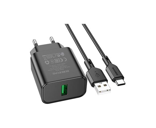 Зарядное устройство BOROFONE BA72A Spring USB QC3.0 + cable USB to USB-C 18W Black (6974443388589), изображение 2 Зарядное устройство BOROFONE BA72A Spring USB QC3.0 + cable USB to USB-C 18W Black (6974443388589), изображение 2