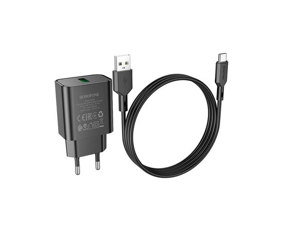 Зарядное устройство BOROFONE BA72A Spring USB QC3.0 + cable USB to USB-C 18W Black (6974443388589)