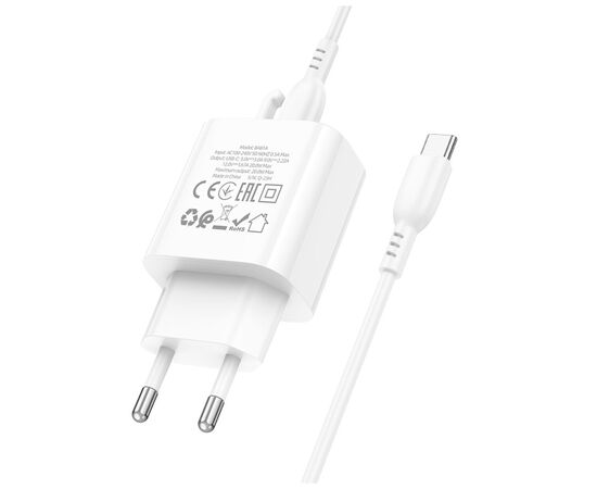 Зарядное устройство BOROFONE BA81A USB-C PD20W + cable USB-C to USB-C White (6941991108204), изображение 6 Зарядное устройство BOROFONE BA81A USB-C PD20W + cable USB-C to USB-C White (6941991108204), изображение 6