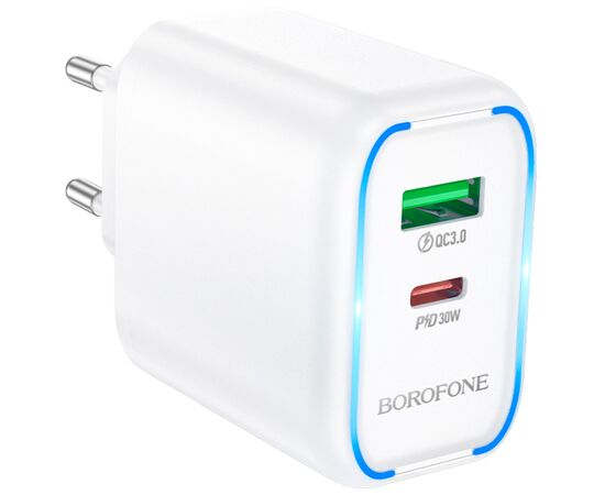 Зарядное устройство BOROFONE BA89A Destello 1xUSB-C PD30W + 1xUSB QC3.0 White (6941991119361), изображение 3 Зарядное устройство BOROFONE BA89A Destello 1xUSB-C PD30W + 1xUSB QC3.0 White (6941991119361), изображение 3