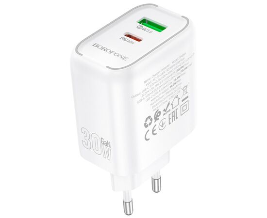 Зарядное устройство BOROFONE BA89A Destello 1xUSB-C PD30W + 1xUSB QC3.0 White (6941991119361), изображение 5 Зарядное устройство BOROFONE BA89A Destello 1xUSB-C PD30W + 1xUSB QC3.0 White (6941991119361), изображение 5