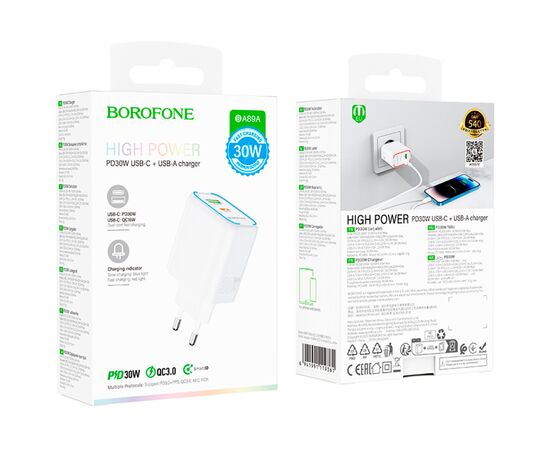 Зарядное устройство BOROFONE BA89A Destello 1xUSB-C PD30W + 1xUSB QC3.0 White (6941991119361), изображение 7 Зарядное устройство BOROFONE BA89A Destello 1xUSB-C PD30W + 1xUSB QC3.0 White (6941991119361), изображение 7
