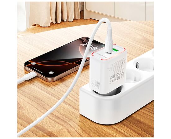 Зарядное устройство BOROFONE BA89A Destello 1xUSB-C PD30W + 1xUSB QC3.0 White (6941991119361), изображение 9 Зарядное устройство BOROFONE BA89A Destello 1xUSB-C PD30W + 1xUSB QC3.0 White (6941991119361), изображение 9