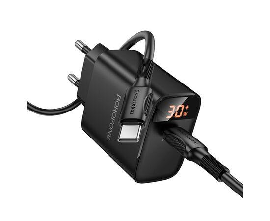 Зарядное устройство BOROFONE BA97A Ilustre USB-C PD30W digital display + cable USB-C to USB-C Black (6941991120503), изображение 4 Зарядное устройство BOROFONE BA97A Ilustre USB-C PD30W digital display + cable USB-C to USB-C Black (6941991120503), изображение 4