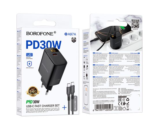 Зарядное устройство BOROFONE BA97A Ilustre USB-C PD30W digital display + cable USB-C to USB-C Black (6941991120503), изображение 7 Зарядное устройство BOROFONE BA97A Ilustre USB-C PD30W digital display + cable USB-C to USB-C Black (6941991120503), изображение 7
