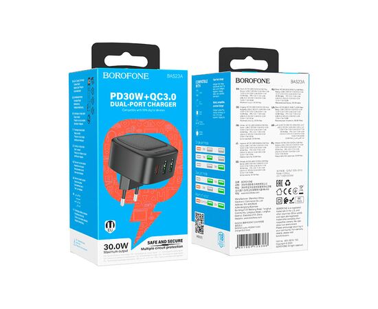 Зарядное устройство BOROFONE BAS23A Lucky 1xUSB-C + 2xUSB PD30W Black (6941991109386), изображение 7 Зарядное устройство BOROFONE BAS23A Lucky 1xUSB-C + 2xUSB PD30W Black (6941991109386), изображение 7