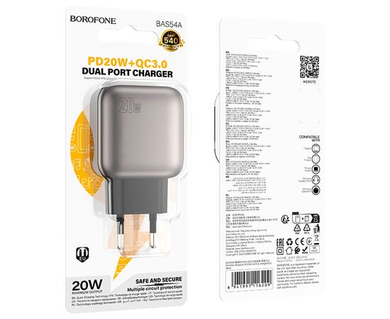 Зарядное устройство BOROFONE BAS54A Absolute 1xUSB-C PD20W + 1xUSB QC3.0 Black (6941991116209), изображение 7 Зарядное устройство BOROFONE BAS54A Absolute 1xUSB-C PD20W + 1xUSB QC3.0 Black (6941991116209), изображение 7