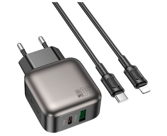 Зарядное устройство BOROFONE BAS55A Absolute 1xUSB-C PD30W + 1xUSB QC3.0 + cable USB-C to Lightning Black (6941991116247), изображение 2 Зарядное устройство BOROFONE BAS55A Absolute 1xUSB-C PD30W + 1xUSB QC3.0 + cable USB-C to Lightning Black (6941991116247), изображение 2