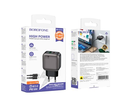 Зарядное устройство BOROFONE BAS55A Absolute 1xUSB-C PD30W + 1xUSB QC3.0 + cable USB-C to Lightning Black (6941991116247), изображение 7 Зарядное устройство BOROFONE BAS55A Absolute 1xUSB-C PD30W + 1xUSB QC3.0 + cable USB-C to Lightning Black (6941991116247), изображение 7