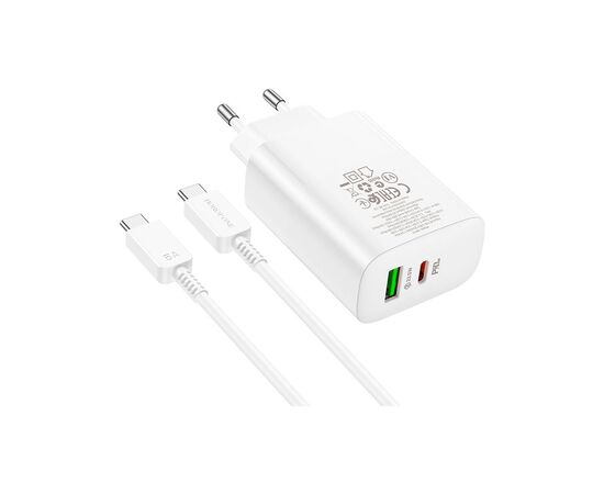 Зарядное устройство BOROFONE BN10 Sunlight 1xUSB-C PD65W + 1xUSB-A + cable USB-C to USB-C White (6974443388206), изображение 3 Зарядное устройство BOROFONE BN10 Sunlight 1xUSB-C PD65W + 1xUSB-A + cable USB-C to USB-C White (6974443388206), изображение 3