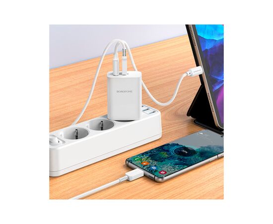 Зарядное устройство BOROFONE BN10 Sunlight 1xUSB-C PD65W + 1xUSB-A + cable USB-C to USB-C White (6974443388206), изображение 9 Зарядное устройство BOROFONE BN10 Sunlight 1xUSB-C PD65W + 1xUSB-A + cable USB-C to USB-C White (6974443388206), изображение 9