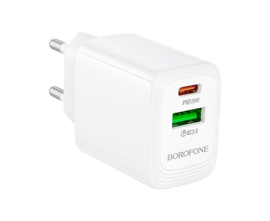 Зарядное устройство BOROFONE BN27 Fuente 1xUSB-C PD20W + 1xUSB QC3.0 White (6941991120268), изображение 2 Зарядное устройство BOROFONE BN27 Fuente 1xUSB-C PD20W + 1xUSB QC3.0 White (6941991120268), изображение 2