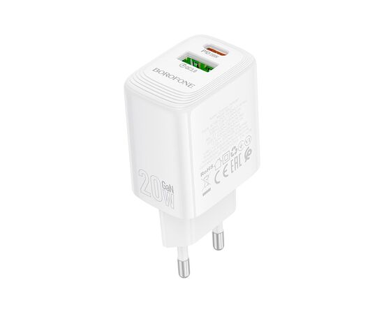 Зарядное устройство BOROFONE BN27 Fuente 1xUSB-C PD20W + 1xUSB QC3.0 White (6941991120268), изображение 4 Зарядное устройство BOROFONE BN27 Fuente 1xUSB-C PD20W + 1xUSB QC3.0 White (6941991120268), изображение 4