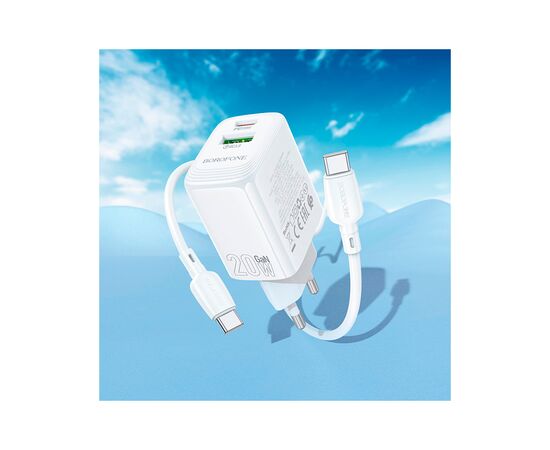 Зарядное устройство BOROFONE BN27 Fuente 1xUSB-C PD20W + 1xUSB QC3.0 + cable USB-C to USB-C White (6941991120282), изображение 8 Зарядное устройство BOROFONE BN27 Fuente 1xUSB-C PD20W + 1xUSB QC3.0 + cable USB-C to USB-C White (6941991120282), изображение 8