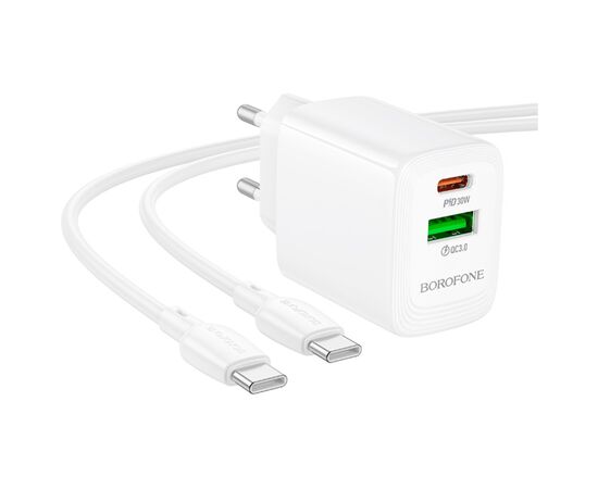 Зарядное устройство BOROFONE BN29 Fuente 1xUSB-C PD30W + 1xUSB QC3.0 + cable USB-C to USB-C White (6941991120343), изображение 4 Зарядное устройство BOROFONE BN29 Fuente 1xUSB-C PD30W + 1xUSB QC3.0 + cable USB-C to USB-C White (6941991120343), изображение 4